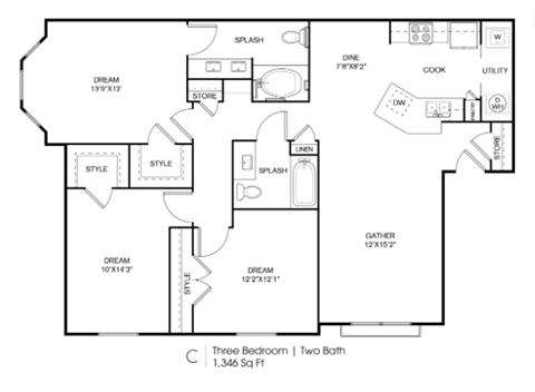 Floor plan for 3 beds, 2 baths, 1346 sqft